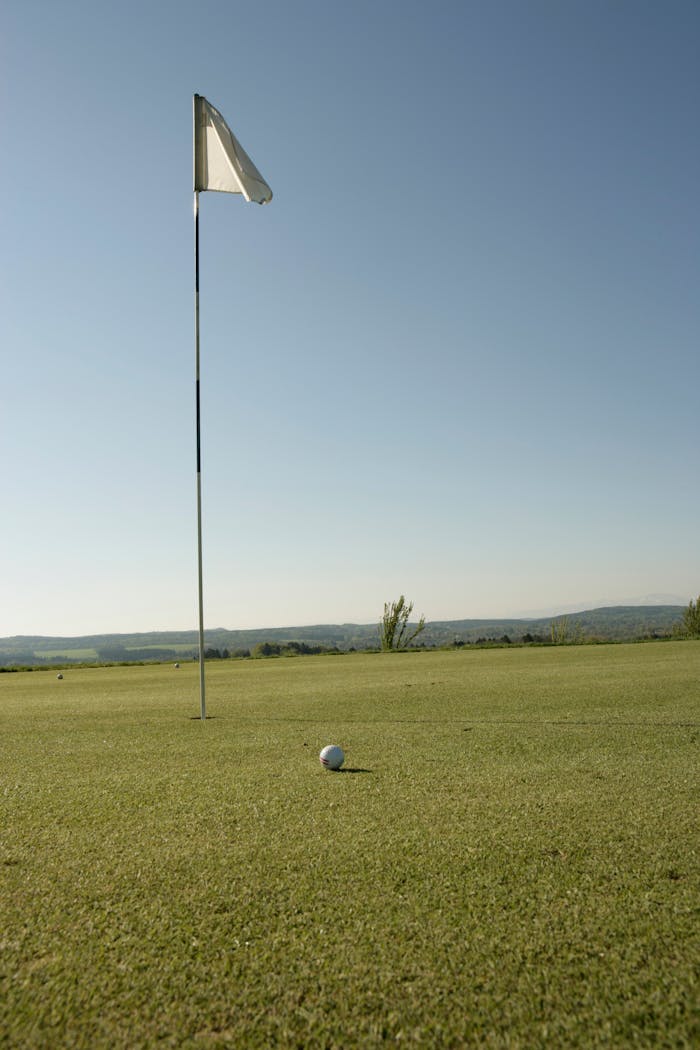 A serene view of a golf course with a flagstick and golf ball under a clear sky.